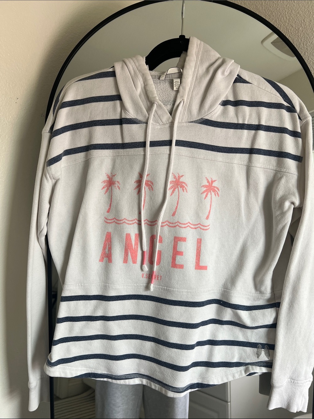 White Hoodie with Navy Stripes & Pink 'ANGEL' Graphic